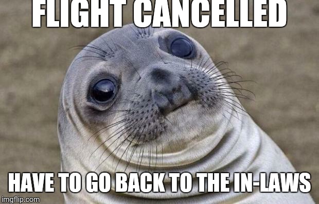 Awkward Moment Sealion | FLIGHT CANCELLED HAVE TO GO BACK TO THE IN-LAWS | image tagged in memes,awkward moment sealion | made w/ Imgflip meme maker