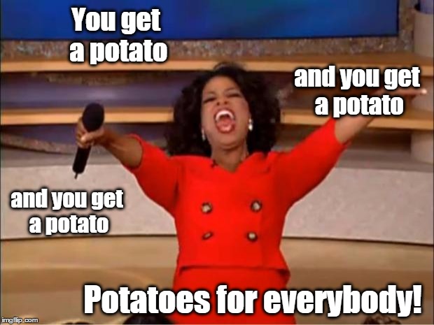 Oprah You Get A Meme | You get a potato and you get a potato and you get a potato Potatoes for everybody! | image tagged in memes,oprah you get a | made w/ Imgflip meme maker