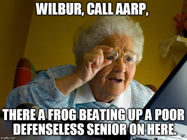 Grandma Finds The Internet Meme | WILBUR, CALL AARP, THERE A FROG BEATING UP A POOR DEFENSELESS SENIOR ON HERE. | image tagged in memes,grandma finds the internet | made w/ Imgflip meme maker