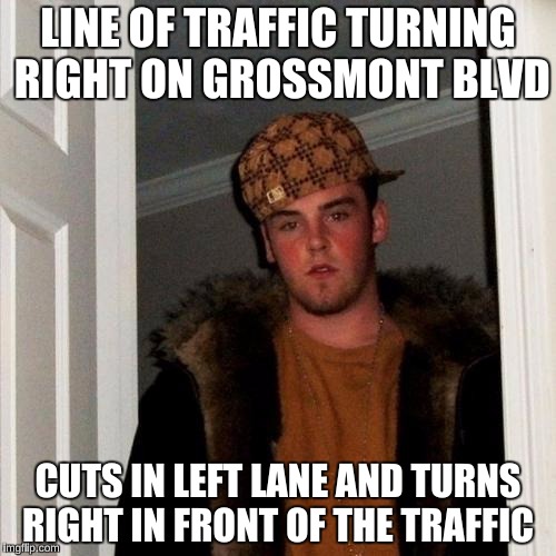 Want to kick this driver in the teeth | LINE OF TRAFFIC TURNING RIGHT ON GROSSMONT BLVD CUTS IN LEFT LANE AND TURNS RIGHT IN FRONT OF THE TRAFFIC | image tagged in memes,scumbag steve,asshole,driving | made w/ Imgflip meme maker