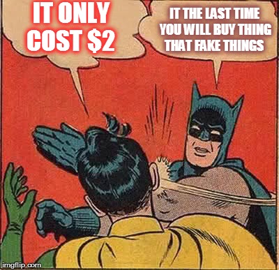 Batman Slapping Robin | IT ONLY COST $2 IT THE LAST TIME YOU WILL BUY THING THAT FAKE THINGS | image tagged in memes,batman slapping robin | made w/ Imgflip meme maker