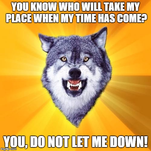 Courage Wolf | YOU KNOW WHO WILL TAKE MY PLACE WHEN MY TIME HAS COME? YOU, DO NOT LET ME DOWN! | image tagged in memes,courage wolf | made w/ Imgflip meme maker