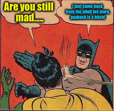 Batman Slapping Robin Meme | Are you still mad..... I just came back from the adult toy store, payback is a b**ch! | image tagged in memes,batman slapping robin | made w/ Imgflip meme maker