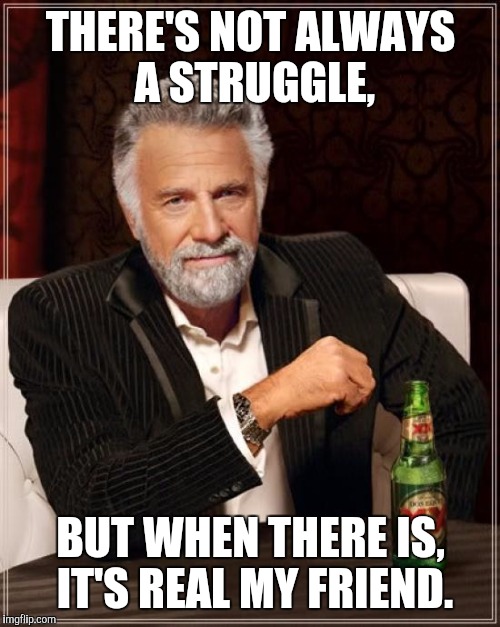 The Most Interesting Man In The World Meme | THERE'S NOT ALWAYS A STRUGGLE, BUT WHEN THERE IS, IT'S REAL MY FRIEND. | image tagged in memes,the most interesting man in the world | made w/ Imgflip meme maker