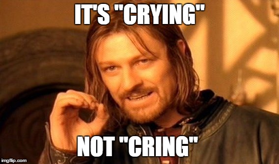 One Does Not Simply | IT'S "CRYING" NOT "CRING" | image tagged in memes,one does not simply | made w/ Imgflip meme maker