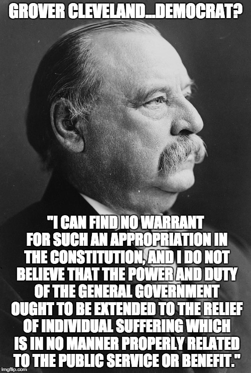 When Democrats Understood The Constitution | GROVER CLEVELAND...DEMOCRAT? "I CAN FIND NO WARRANT FOR SUCH AN APPROPRIATION IN THE CONSTITUTION, AND I DO NOT BELIEVE THAT THE POWER AND D | image tagged in grover cleveland,democrat,constitution | made w/ Imgflip meme maker