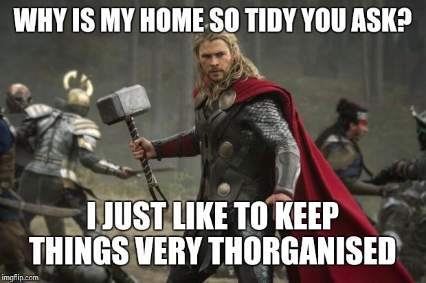 Thorrible jokes  | WHY IS MY HOME SO TIDY YOU ASK? I JUST LIKE TO KEEP THINGS VERY THORGANISED | image tagged in thor | made w/ Imgflip meme maker
