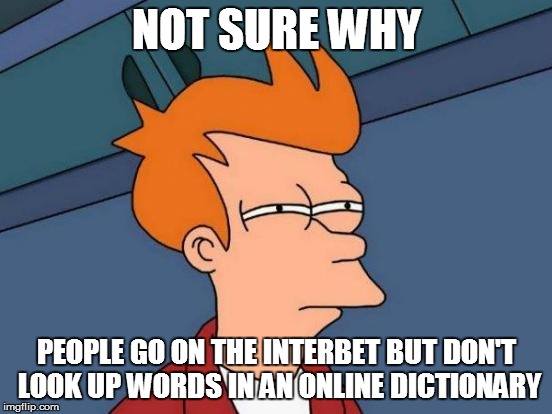 Futurama Fry Meme | NOT SURE WHY PEOPLE GO ON THE INTERBET BUT DON'T LOOK UP WORDS IN AN ONLINE DICTIONARY | image tagged in memes,futurama fry | made w/ Imgflip meme maker