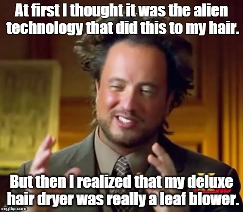 Ancient Aliens Meme | At first I thought it was the alien technology that did this to my hair. But then I realized that my deluxe hair dryer was really a leaf blo | image tagged in memes,ancient aliens | made w/ Imgflip meme maker