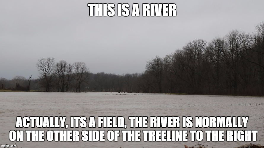 THIS IS A RIVER ACTUALLY, ITS A FIELD, THE RIVER IS NORMALLY ON THE OTHER SIDE OF THE TREELINE TO THE RIGHT | made w/ Imgflip meme maker