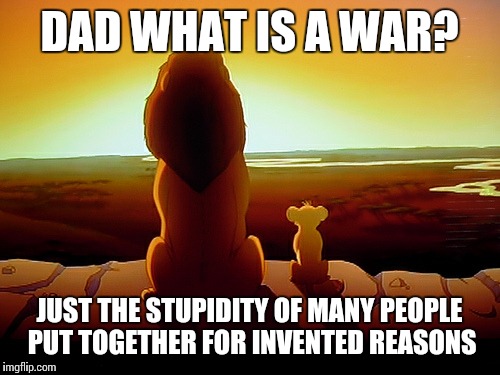 Lion King | DAD WHAT IS A WAR? JUST THE STUPIDITY OF MANY PEOPLE PUT TOGETHER FOR INVENTED REASONS | image tagged in memes,lion king | made w/ Imgflip meme maker