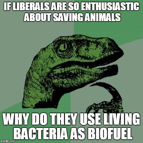 Philosoraptor | IF LIBERALS ARE SO ENTHUSIASTIC ABOUT SAVING ANIMALS WHY DO THEY USE LIVING BACTERIA AS BIOFUEL | image tagged in memes,philosoraptor | made w/ Imgflip meme maker