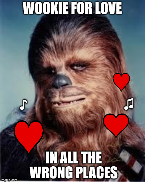 Chewbacca's Greatest Hits | WOOKIE FOR LOVE IN ALL THE WRONG PLACES ♫ ♪ | image tagged in chewbacca,sings | made w/ Imgflip meme maker