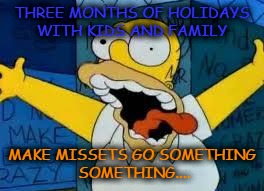 Homer Going Crazy | THREE MONTHS OF HOLIDAYS WITH KIDS AND FAMILY MAKE MISSETS GO SOMETHING SOMETHING.... | image tagged in homer going crazy | made w/ Imgflip meme maker