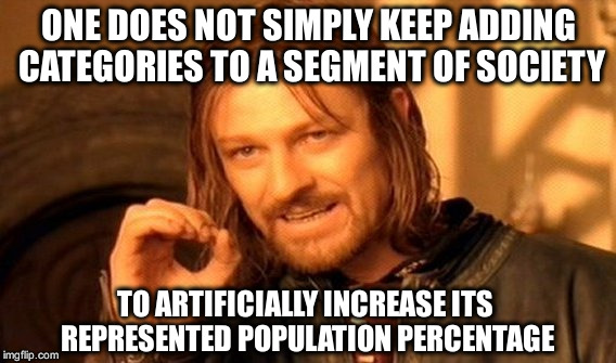 One Does Not Simply | ONE DOES NOT SIMPLY KEEP ADDING CATEGORIES TO A SEGMENT OF SOCIETY TO ARTIFICIALLY INCREASE ITS REPRESENTED POPULATION PERCENTAGE | image tagged in memes,one does not simply | made w/ Imgflip meme maker
