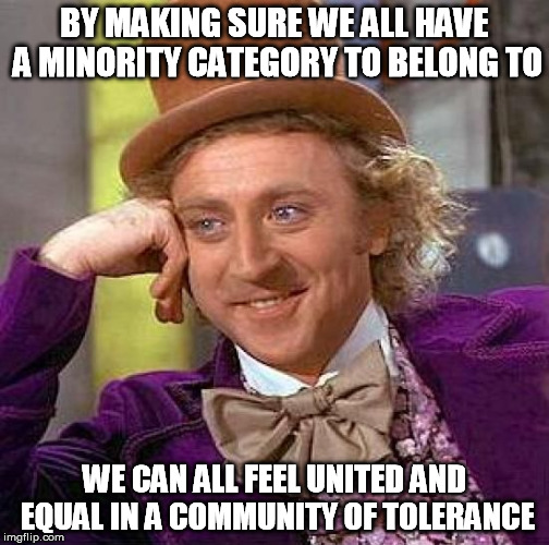 Creepy Condescending Wonka Meme | BY MAKING SURE WE ALL HAVE A MINORITY CATEGORY TO BELONG TO WE CAN ALL FEEL UNITED AND EQUAL IN A COMMUNITY OF TOLERANCE | image tagged in memes,creepy condescending wonka | made w/ Imgflip meme maker