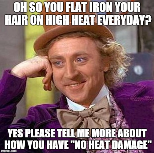 Creepy Condescending Wonka Meme | OH SO YOU FLAT IRON YOUR HAIR ON HIGH HEAT EVERYDAY? YES PLEASE TELL ME MORE ABOUT HOW YOU HAVE "NO HEAT DAMAGE" | image tagged in memes,creepy condescending wonka | made w/ Imgflip meme maker