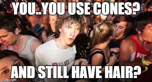 Sudden Clarity Clarence Meme | YOU..YOU USE CONES? AND STILL HAVE HAIR? | image tagged in memes,sudden clarity clarence | made w/ Imgflip meme maker