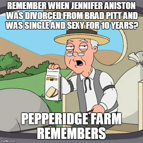 Pepperidge Farm Remembers | REMEMBER WHEN JENNIFER ANISTON WAS DIVORCED FROM BRAD PITT AND WAS SINGLE AND SEXY FOR 10 YEARS? PEPPERIDGE FARM REMEMBERS | image tagged in memes,pepperidge farm remembers | made w/ Imgflip meme maker