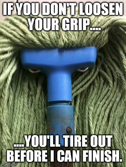 Be gentle  | IF YOU DON'T LOOSEN YOUR GRIP.... ....YOU'LL TIRE OUT BEFORE I CAN FINISH. | image tagged in angry mop,memes,funny | made w/ Imgflip meme maker