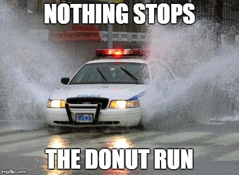 It's just a little water and the donuts are fresh | NOTHING STOPS THE DONUT RUN | image tagged in cops,cops and donuts,flooded | made w/ Imgflip meme maker