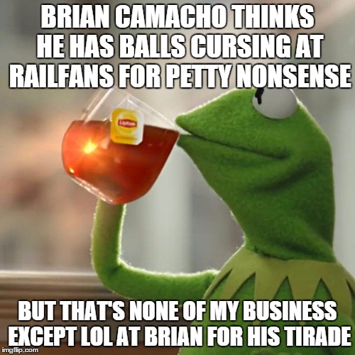 But That's None Of My Business Meme | BRIAN CAMACHO THINKS HE HAS BALLS CURSING AT RAILFANS FOR PETTY NONSENSE BUT THAT'S NONE OF MY BUSINESS EXCEPT LOL AT BRIAN FOR HIS TIRADE | image tagged in memes,but thats none of my business,kermit the frog | made w/ Imgflip meme maker