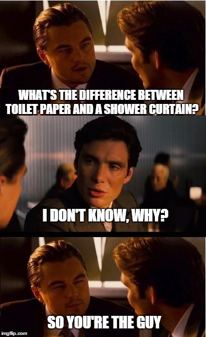 Inception Meme | WHAT'S THE DIFFERENCE BETWEEN TOILET PAPER AND A SHOWER CURTAIN? SO YOU'RE THE GUY I DON'T KNOW, WHY? | image tagged in memes,inception | made w/ Imgflip meme maker
