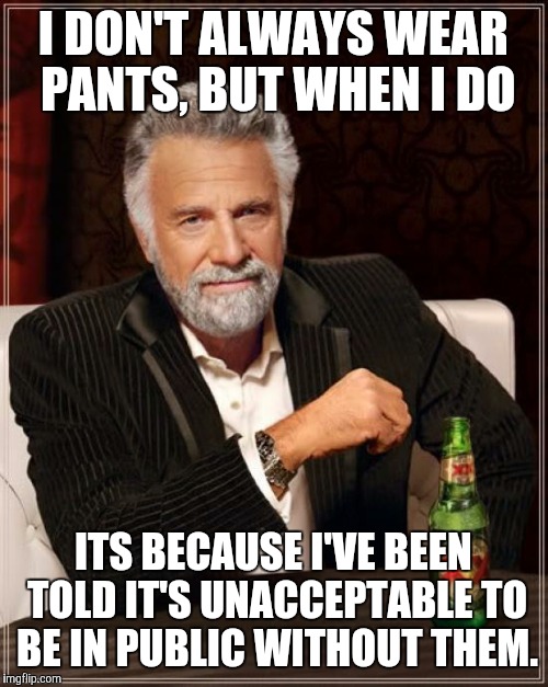 The Most Interesting Man In The World | I DON'T ALWAYS WEAR PANTS, BUT WHEN I DO ITS BECAUSE I'VE BEEN TOLD IT'S UNACCEPTABLE TO BE IN PUBLIC WITHOUT THEM. | image tagged in memes,the most interesting man in the world | made w/ Imgflip meme maker