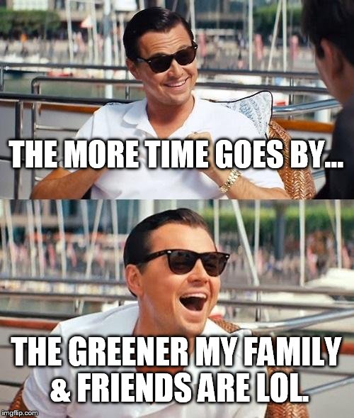 Leonardo Dicaprio Wolf Of Wall Street | THE MORE TIME GOES BY... THE GREENER MY FAMILY & FRIENDS ARE LOL. | image tagged in memes,leonardo dicaprio wolf of wall street | made w/ Imgflip meme maker