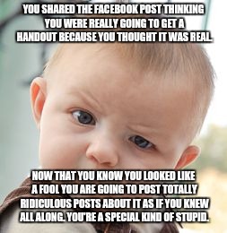 Skeptical Baby Meme | YOU SHARED THE FACEBOOK POST THINKING YOU WERE REALLY GOING TO GET A HANDOUT BECAUSE YOU THOUGHT IT WAS REAL. NOW THAT YOU KNOW YOU LOOKED L | image tagged in memes,skeptical baby | made w/ Imgflip meme maker