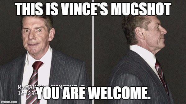this will never not be funny | THIS IS VINCE'S MUGSHOT YOU ARE WELCOME. | image tagged in vince mcmahon,wwe,mugshot | made w/ Imgflip meme maker