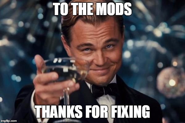 Leonardo Dicaprio Cheers Meme | TO THE MODS THANKS FOR FIXING | image tagged in memes,leonardo dicaprio cheers | made w/ Imgflip meme maker