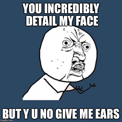 Y U No | YOU INCREDIBLY DETAIL MY FACE BUT Y U NO GIVE ME EARS | image tagged in memes,y u no | made w/ Imgflip meme maker