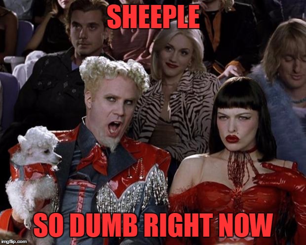 Mugatu So Hot Right Now Meme | SHEEPLE SO DUMB RIGHT NOW | image tagged in memes,mugatu so hot right now | made w/ Imgflip meme maker