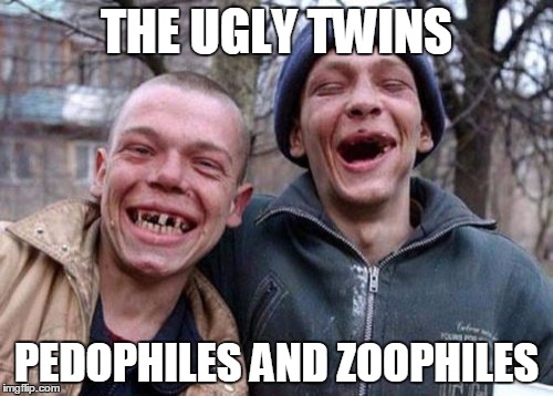 Ugly Twins | THE UGLY TWINS PEDOPHILES AND ZOOPHILES | image tagged in memes,ugly twins | made w/ Imgflip meme maker