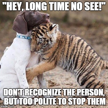 "HEY, LONG TIME NO SEE!" DON'T RECOGNIZE THE PERSON, BUT TOO POLITE TO STOP THEM | image tagged in AdviceAnimals | made w/ Imgflip meme maker