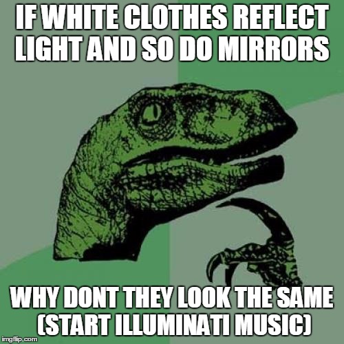Philosoraptor Meme | IF WHITE CLOTHES REFLECT LIGHT AND SO DO MIRRORS WHY DONT THEY LOOK THE SAME (START ILLUMINATI MUSIC) | image tagged in memes,philosoraptor | made w/ Imgflip meme maker