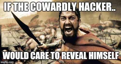 Sparta Leonidas Meme | IF THE COWARDLY HACKER.. WOULD CARE TO REVEAL HIMSELF | image tagged in memes,sparta leonidas | made w/ Imgflip meme maker