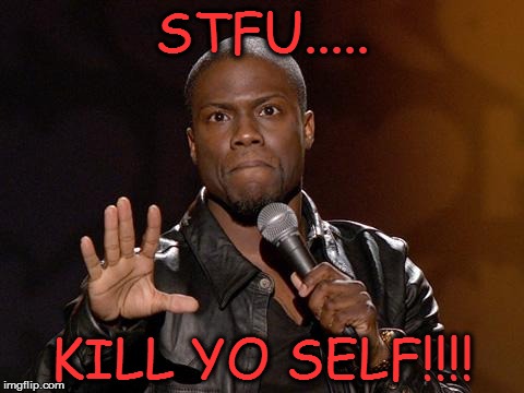 kevin hart | STFU..... KILL YO SELF!!!! | image tagged in kevin hart | made w/ Imgflip meme maker