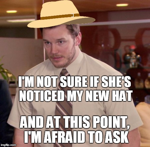 I'M NOT SURE IF SHE'S NOTICED MY NEW HAT AND AT THIS POINT, I'M AFRAID TO ASK | made w/ Imgflip meme maker