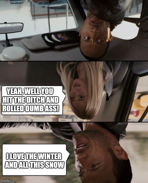 The Rock winter driving | I LOVE THE WINTER AND ALL THIS SNOW YEAH, WELL YOU HIT THE DITCH AND ROLLED DUMB ASS! | image tagged in memes,the rock driving | made w/ Imgflip meme maker