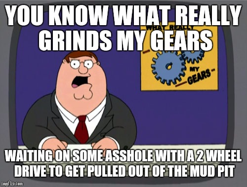 Peter Griffin News | YOU KNOW WHAT REALLY GRINDS MY GEARS WAITING ON SOME ASSHOLE WITH A 2 WHEEL DRIVE TO GET PULLED OUT OF THE MUD PIT | image tagged in memes,peter griffin news | made w/ Imgflip meme maker