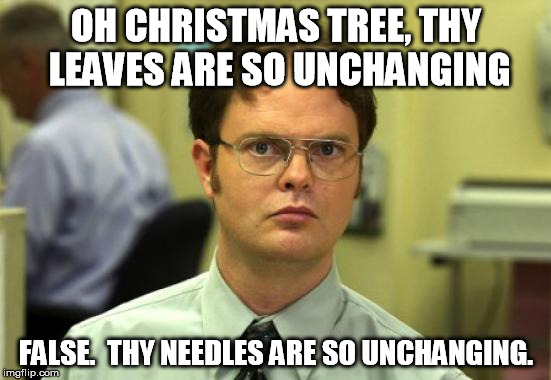 Dwight Schrute | OH CHRISTMAS TREE, THY LEAVES ARE SO UNCHANGING FALSE.  THY NEEDLES ARE SO UNCHANGING. | image tagged in memes,dwight schrute | made w/ Imgflip meme maker