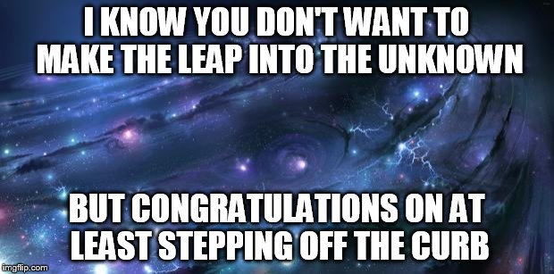 Universal Knowledge | I KNOW YOU DON'T WANT TO MAKE THE LEAP INTO THE UNKNOWN BUT CONGRATULATIONS ON AT LEAST STEPPING OFF THE CURB | image tagged in universal knowledge | made w/ Imgflip meme maker