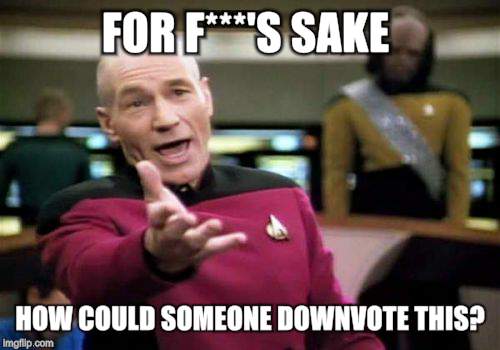 Picard Wtf Meme | FOR F***'S SAKE HOW COULD SOMEONE DOWNVOTE THIS? | image tagged in memes,picard wtf | made w/ Imgflip meme maker