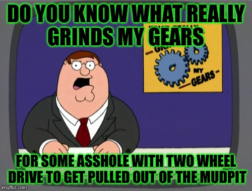 Peter Griffin News | DO YOU KNOW WHAT REALLY GRINDS MY GEARS FOR SOME ASSHOLE WITH TWO WHEEL DRIVE TO GET PULLED OUT OF THE MUDPIT | image tagged in memes,peter griffin news | made w/ Imgflip meme maker