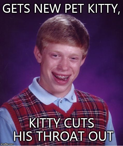 Bad Luck Brian | GETS NEW PET KITTY, KITTY CUTS HIS THROAT OUT | image tagged in memes,bad luck brian | made w/ Imgflip meme maker