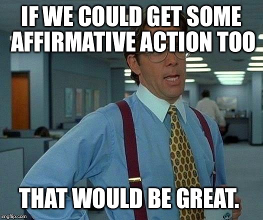 That Would Be Great Meme | IF WE COULD GET SOME AFFIRMATIVE ACTION TOO THAT WOULD BE GREAT. | image tagged in memes,that would be great | made w/ Imgflip meme maker