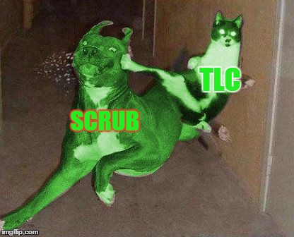 RayCat kicking RayDog | TLC SCRUB | image tagged in raycat kicking raydog | made w/ Imgflip meme maker