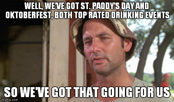 WELL, WE'VE GOT ST. PADDY'S DAY AND OKTOBERFEST, BOTH TOP RATED DRINKING EVENTS SO WE'VE GOT THAT GOING FOR US | made w/ Imgflip meme maker